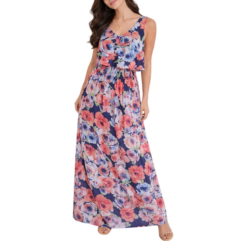 Lili Rose Blue & Red Floral Maxi Dress Euro Summer Size M